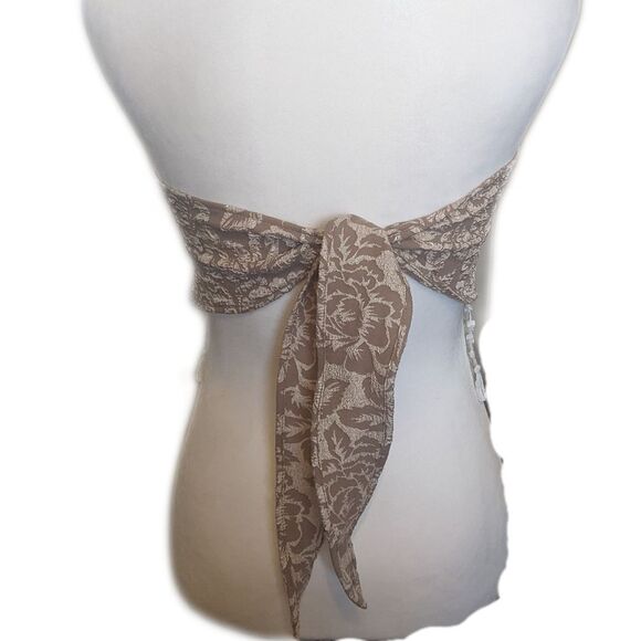 SHEIN strapless tie back halter crop top, taupe tan floral, white fringe S - Picture 3 of 8